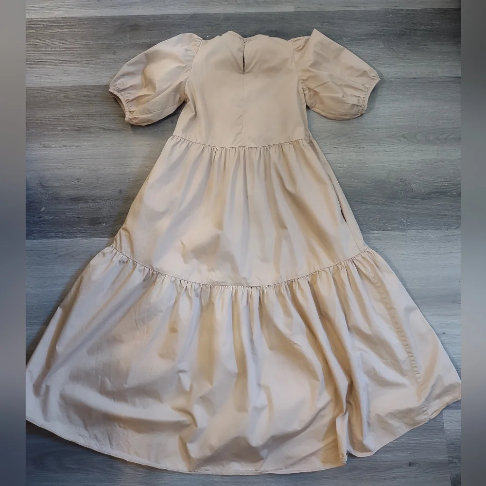 Zara Tan Cotton Puff Sleeves Tiered Maxi Dress. - Picture 7 of 11